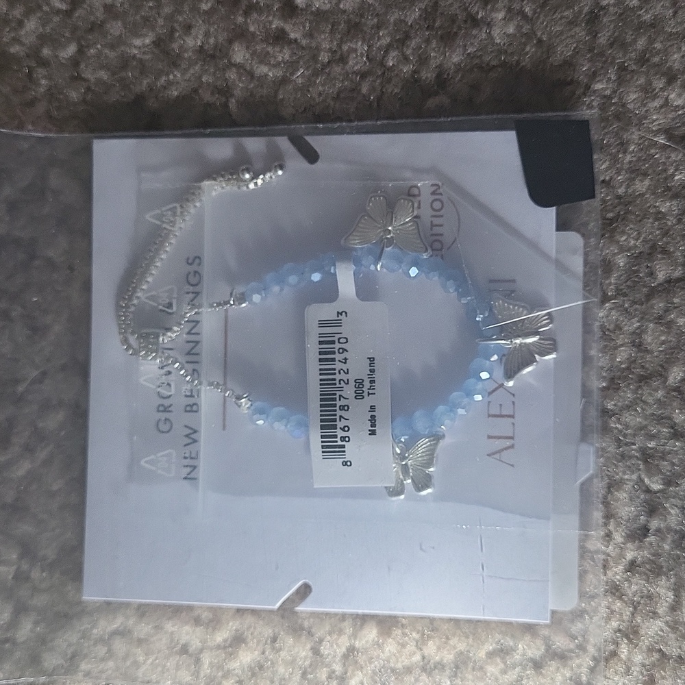 Alex ani gorgeous bagged crystal blue beads adj and 3 butterfly charms one size